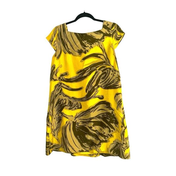 Milly Gold Floral Kayla Foglia Print Cap Sleeve Pullover Silk Shift Dress Sz 10 - Picture 1 of 11